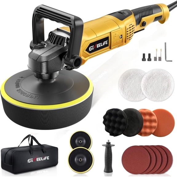 GEVEELIFE Buffer Polisher, 6 Inch/7 Inch 1600W Rotary Car Buffer Polisher Waxer, 7 Variable Speed 1000-3500 RPM, Detachable Handle for Car, Boat Sanding, Polishing, Waxing(Yellow)