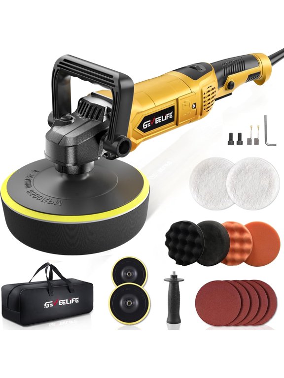 Buffer Polisher, 6 Inch/7 Inch 1600W Rotary Car Buffer Polisher Waxer, 7 Variable Speed 1000-3500 RPM, Detachable Handle for Car, Boat Sanding, Polishing, Waxing(Yellow)