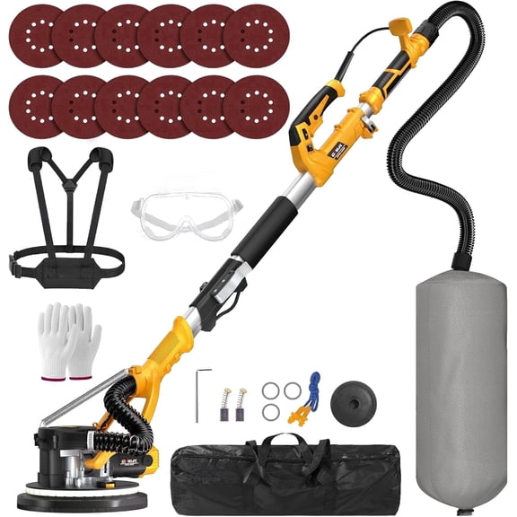 GEVEELIFE Drywall Sander, 880W Popcorn Ceiling Removal Tool, Drywall Sander with Vacuum Dust Collector, 5 Variable Speed 1000-2100RPM, LED Light, Foldable & Extendable Handle, 12 Sanding Discs
