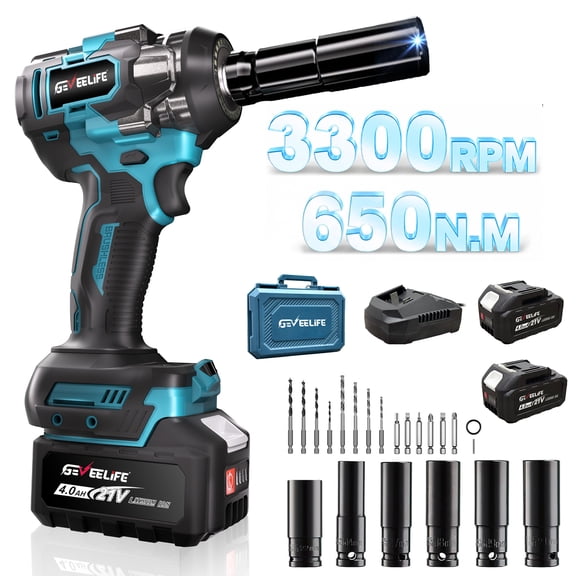 GEVEELIFE Impact Wrench 480Ft-lbs(650N.m) Brushless, 1/2 Impact Gun with 2x4.0Ah Battery