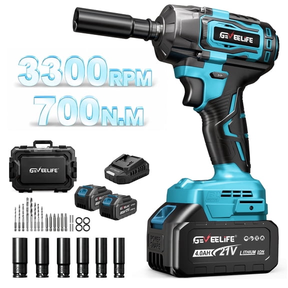 GEVEELIFE Impact Wrench 520Ft-lbs(700N.m) Brushless, 1/2 Impact Gun with 2x4.0Ah Battery, Cordless Impact Wrench, 6 Sockets, 8 Drill Bits, 3300RPM Power Electric Impact Driver