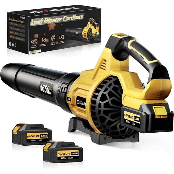 GEVEELIFE Leaf Blower Cordless, 650CFM & 3 Speed Levels, Electric Cordless Leaf Blower with 2 * 5.0Ah Battery Powered, Blowers for Lawn Care, Yard, Blowing Leaves, Dust, Snow