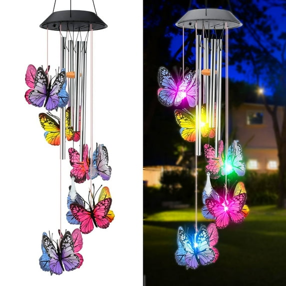 GEVSYUE Solar Butterfly Wind Chimes Lights, Multi-Color Changing Solar Powered Outdoor Wind Chimes with LED Lights and Musical Tubes for Garden, Patio, Yard, and Home Decoration