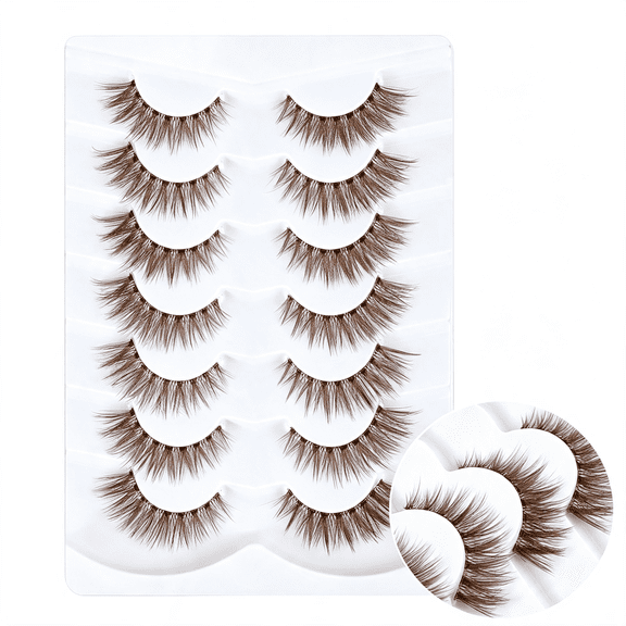 GEWIKK 10 Pairs Brown Wispy Lashes,C-Curly Brown Lash Strips 16Mm Natural Look Fake Eyelashes for Cat Eye Makeup Lightweight Fluffy Brown Lashes