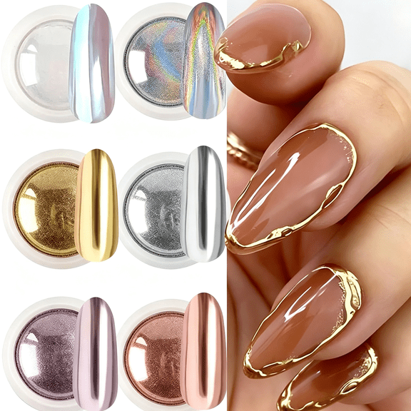 GEWIKK Chrome Nail Powder Set,6 Colors Metallic Gold Silver Rose Pink White Mirror Nail Powder,Holographic Aurora Nail Glitter Pigment Nail Decoration,Chrome Powder for Nails
