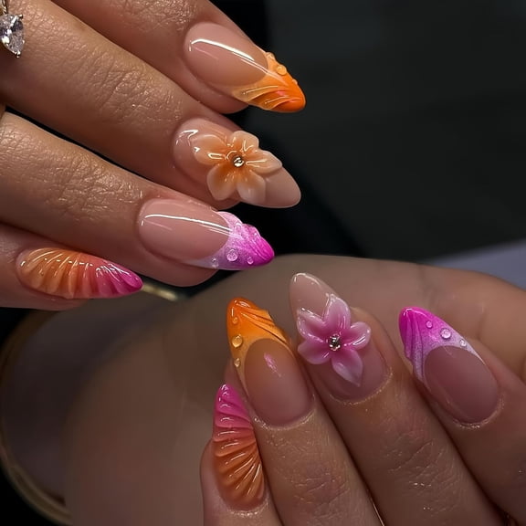 GEWIKK Medium Almond Press on Nails Flower Acrylic Fake Nails Ombre 3D Texture French Rhinestones Floral False Nails Tips Kit Pink Orange Gradient French Style Artificial Nails Stick on Nails