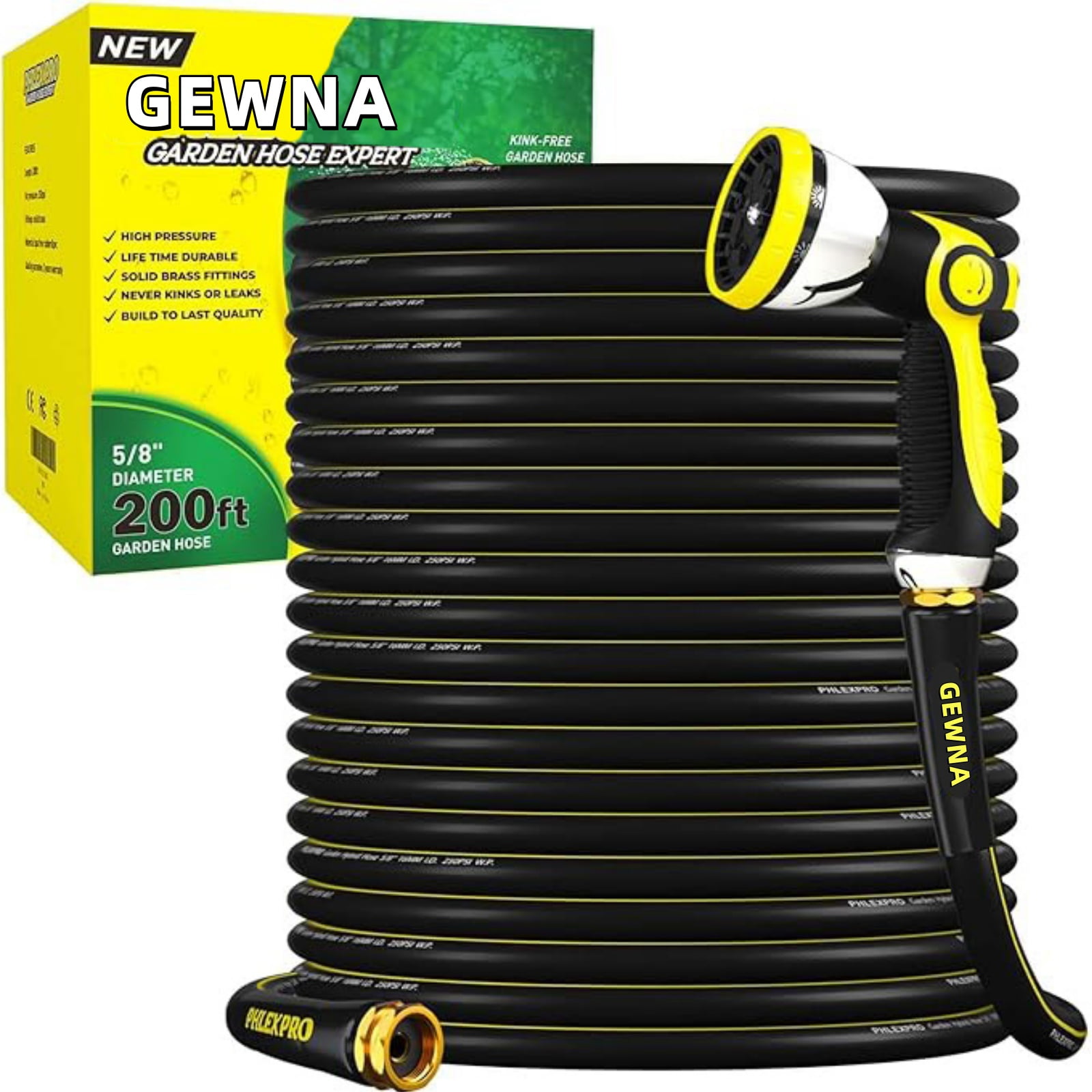Gewna 5/8''x 200 ft Heavy-Duty Garden Hose Burst Proof Rubber 3 Layer ...