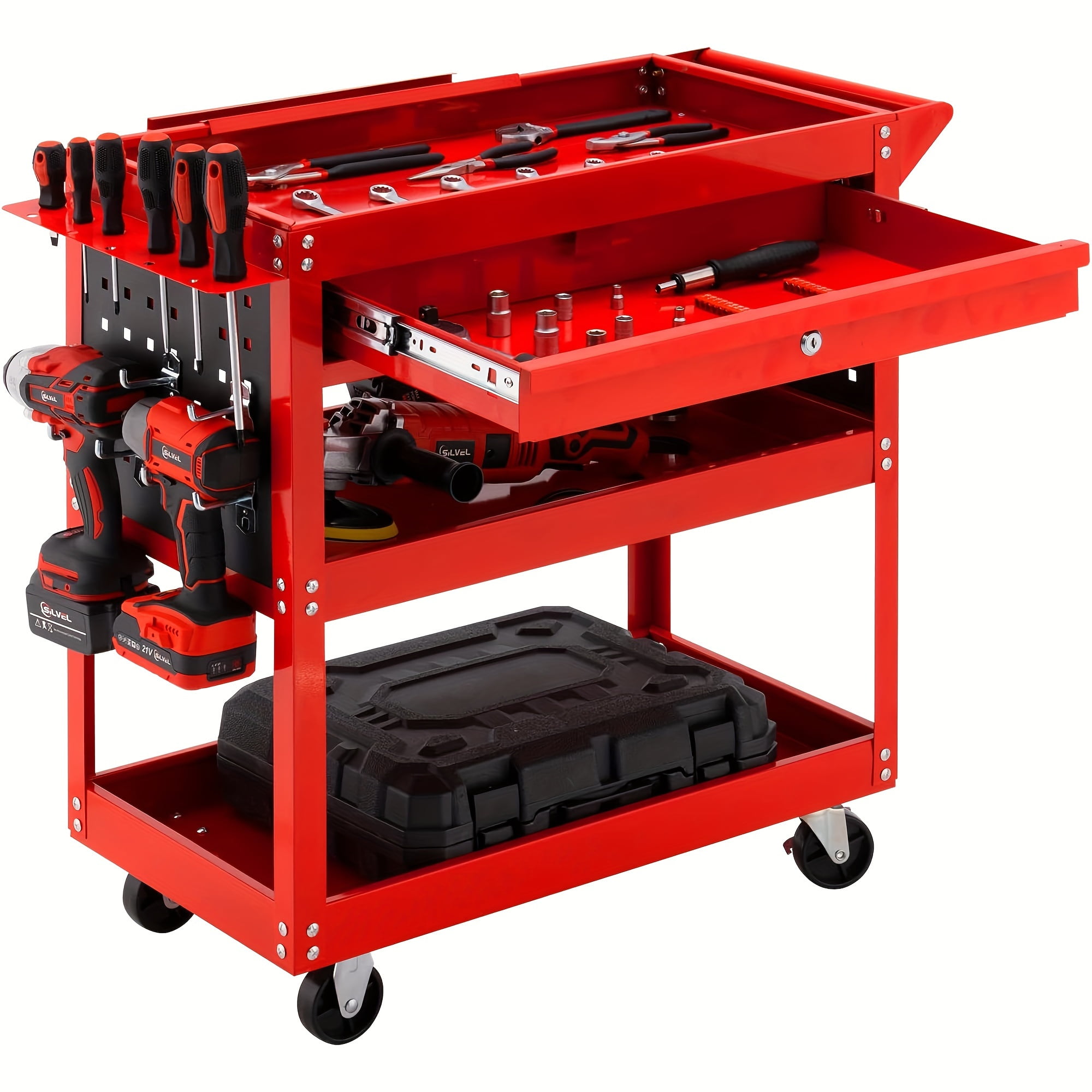 Gewna 3-Tier Metal Rolling Tool Cart, Lockable Drawer, 330 lbs Capacity, Heavy Duty Utility Cart for Garage Black
