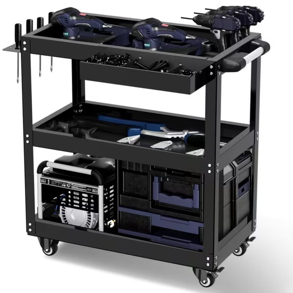 Gewna 3-Tier Metal Rolling Tool Cart, Lockable Drawer, 330 lbs Capacity, Heavy Duty Utility Cart for Garage Black