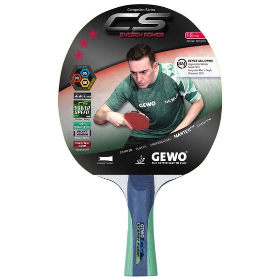 GEWO CS Energy Power Pre-Assembled Table Tennis Racket, ITTF Approved Ping Pong Paddle, 5-Ply Wood Blade, 1.8 mm Sponge, Flared Handle