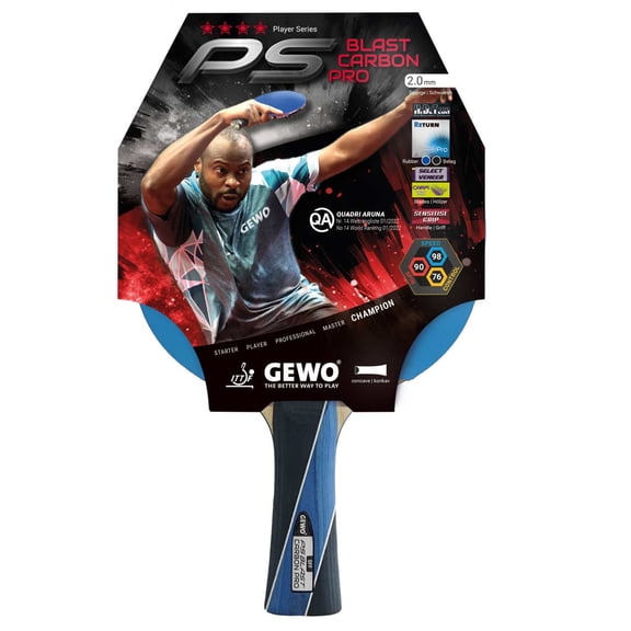 GEWO PS Blast Carbon Pro Offensive Table Tennis Racket, Competition Ping Pong Paddle, 2.0 mm Return Pro Rubber, Flared Handle