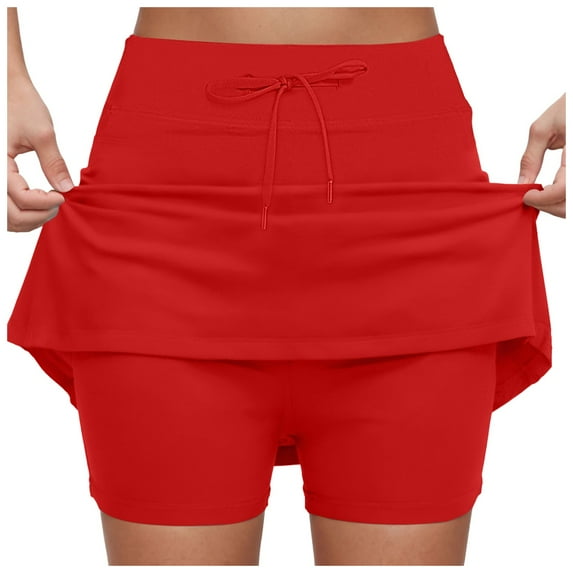 GEWSEY Skorts for Women Dressy Casual Plus Size High Waist Skirt with Shorts Underneath Tennis Skorts with Pockets Tummy Control Red, XL