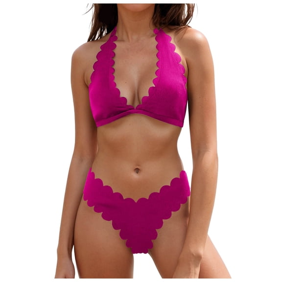 GEWSEY 2 Piece One Shoulder Swimsuits for Women, High Waisted Bottom Scalloped Bikini Set, Petals Solid Wavy Edge Top Bathing Suits (Purple, M)