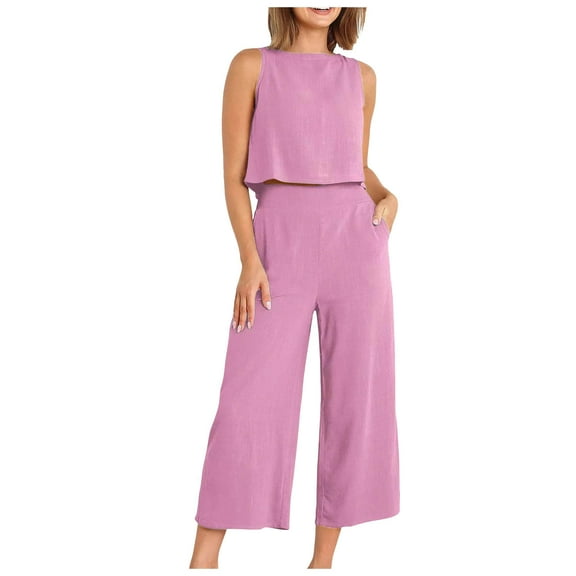 GEWSEY 2 Piece Sets for Women Summer Cruise Essentials 2025 Travel Outfits Vacation Fashion Lounge Set Sleeveless Matching Set Clothing Wide Leg Crop Pants Airport Loungewear M (Pink, S)