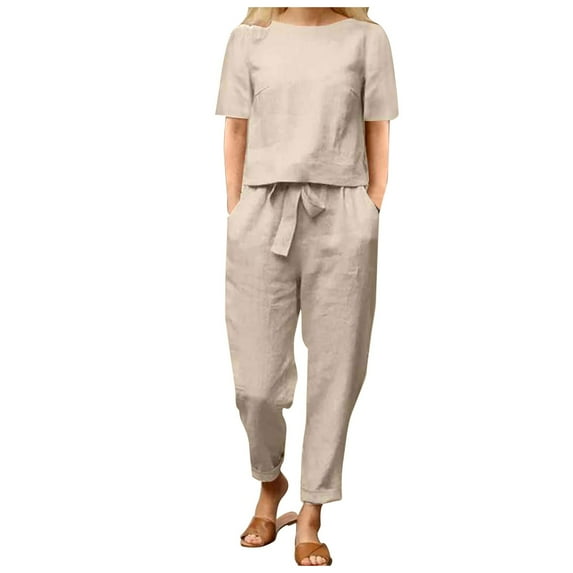 GEWSEY 2 Piece Sets for Women Casual Summer Travel Vacation Outfits Short Sleeve Wide Leg Crop Pants Lounge Sets (Khaki, S)