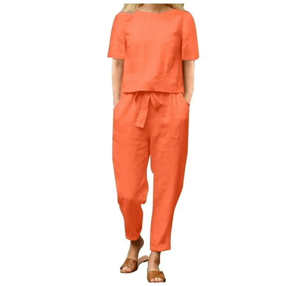 GEWSEY 2 Piece Sets for Women Casual Summer Travel Vacation Outfits Short Sleeve Wide Leg Crop Pants Lounge Sets (Red, L)