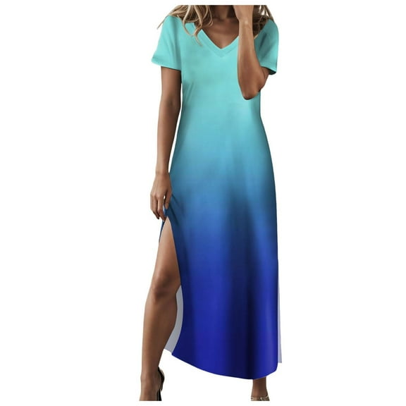 GEWSEY 2025 Women Summer V Neck Casual Loose Split Wrinkle-Free Long Maxi Vacation Dress with Pockets (Dark Blue, XL)