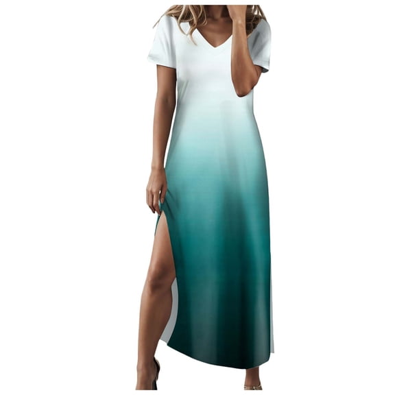 GEWSEY 2025 Women Summer V Neck Casual Loose Split -Free Long Maxi Vacation Dress with Pockets (Dark Green, L)
