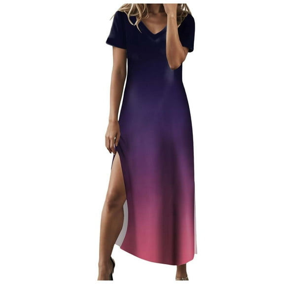 GEWSEY 2025 Women Summer V Neck Casual Loose Split Wrinkle-Free Long Maxi Vacation Dress with Pockets (Dark Purple, XL)