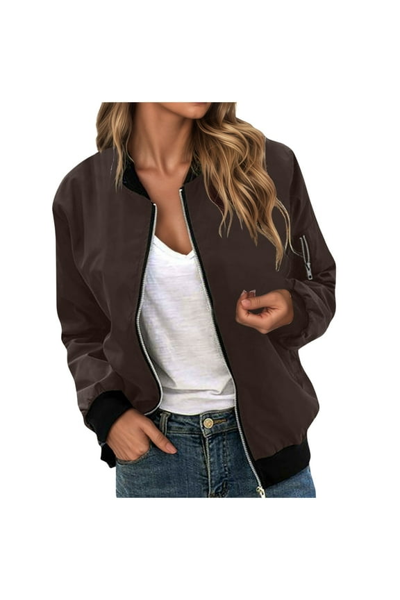 2025 Womens Lightweight Bomber Jackets Trendy Casual Zip Up Windbreaker Fall Fashion Work Coat with Pocket (Brown, L)