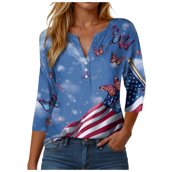 GEWSEY 2026 USA 250th Anniversary T Shirt Women – Patriotic American Flag V-Neck Top 3/4 Sleeve Independence Day Gift (Blue, XXL)