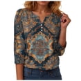 thumbnail image 1 of GEWSEY 3/4 Length Sleeve Tops for Women Henley V Neck Summer Shirts Casual Button Down Shirt Floral Print Blouses (Grey, XL), 1 of 5