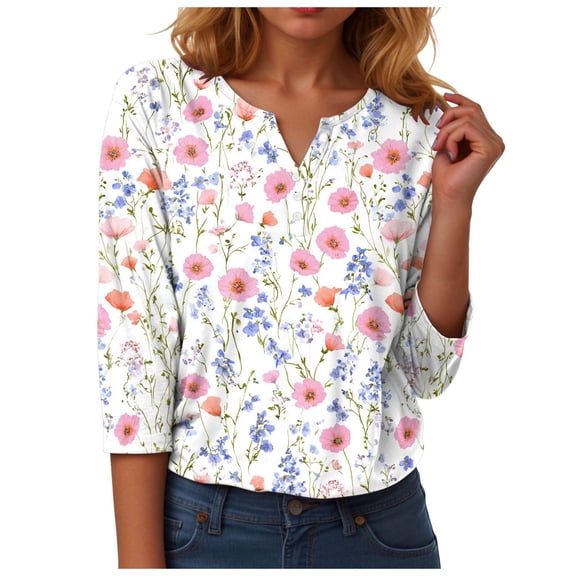 GEWSEY 3/4 Length Sleeve Womens Tops Button Down Summer V Neck Shirts Henley Blouses Dressy Fashion Print Clothes (Light Pink, 3XL)