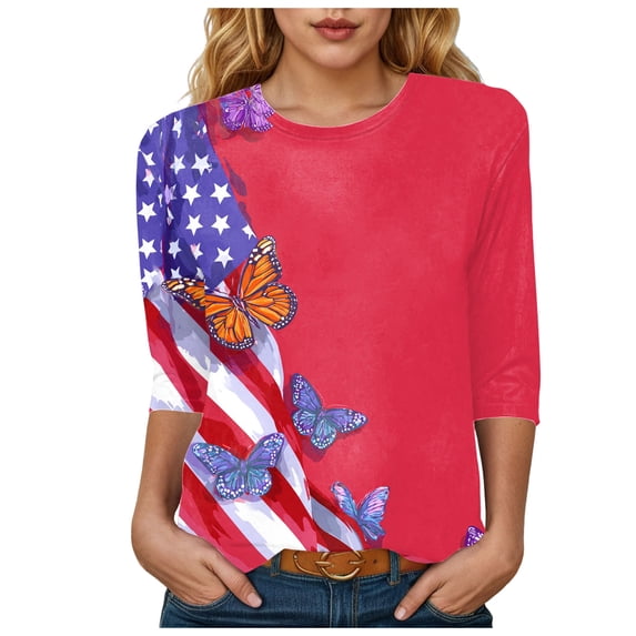 GEWSEY 3/4 Length Sleeve Womens Tops Casual Loose Fit Crewneck T Shirts Cute Solid Three Quarter Length Tunic Tops (Watermelon Red, M)