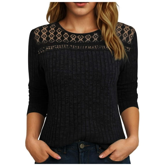 GEWSEY 3/4 Length Sleeve Womens Tops Lace Business Dressy Casual Blouses Spring Summer Fall Trendy Cute Work T Shirts (Black, M)