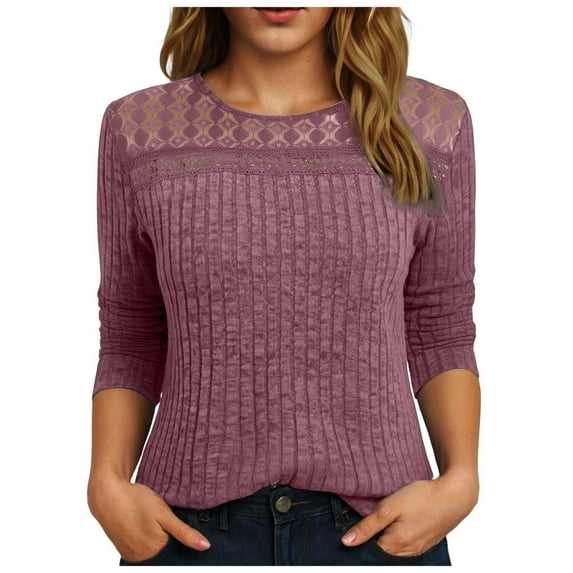 GEWSEY 3/4 Length Sleeve Womens Tops Lace Business Dressy Casual Blouses Spring Summer Fall Trendy Cute Work T Shirts (Purple, XXL)