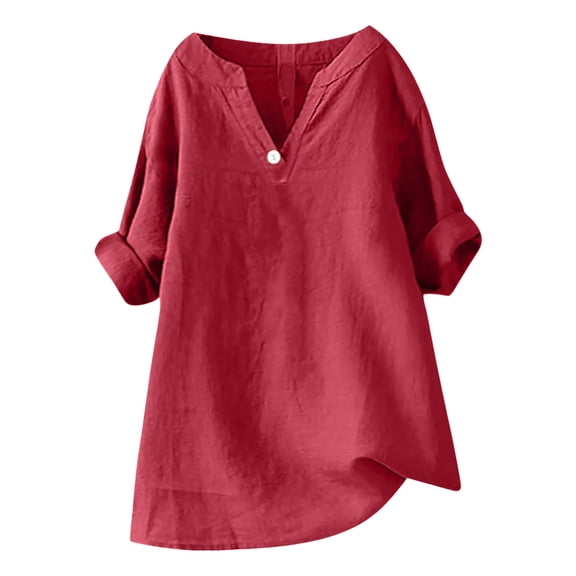 GEWSEY 3/4 Length Sleeve Womens Tops Summer Loose V-Neck T-Shirts Dressy Casual Ruffle Sleeve Tunic Blouses (Red, S)