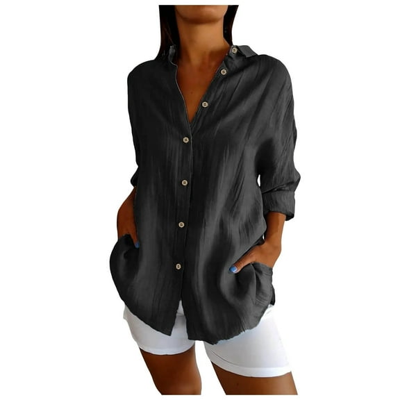 GEWSEY 3/4 Sleeve Button Down Shirts for Women Dressy Casual V Neck Solid Shirts Loose Fit Spring Tops for Women (Black, M)
