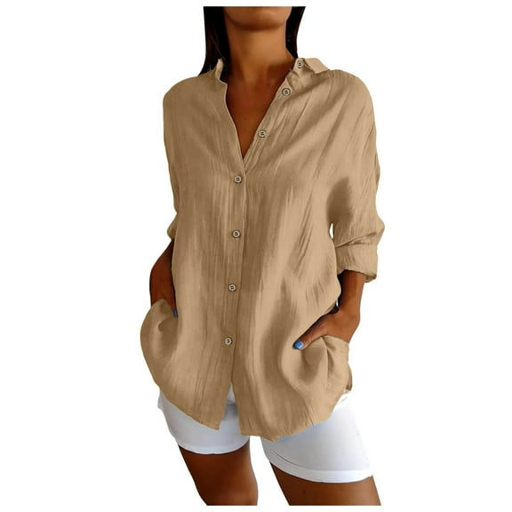 GEWSEY 3/4 Sleeve Button Down Shirts for Women Dressy Casual V Neck Solid Shirts Loose Fit Spring Tops for Women Khaki, S