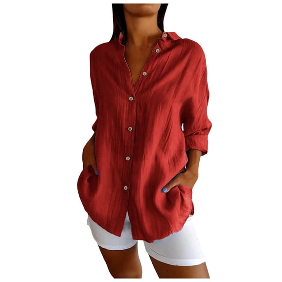 GEWSEY 3/4 Sleeve Button Down Shirts for Women Dressy Casual V Neck Solid Shirts Loose Fit Spring Tops for Women (Red, M)