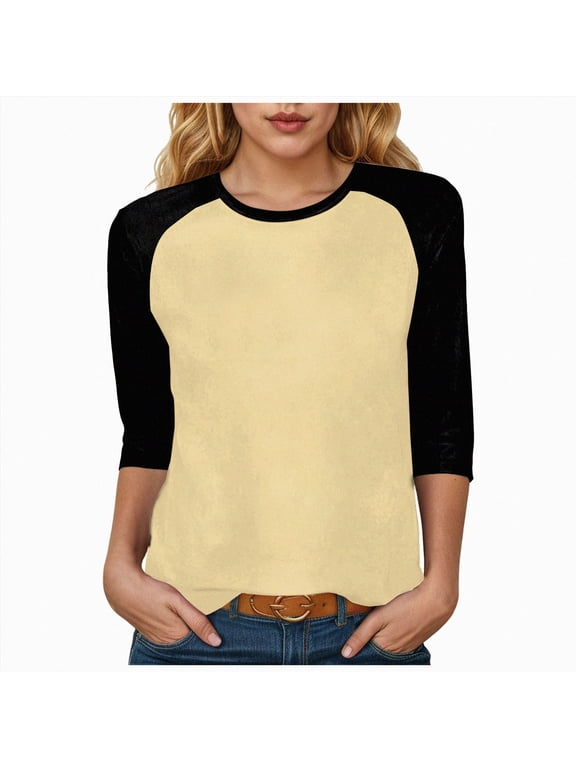 3/4 Sleeve Tops for Women Workout Jersey Shirts Baseball Style Raglan Tshirts Casual Color Block Tees Comfy Steetwear (Beige, M)