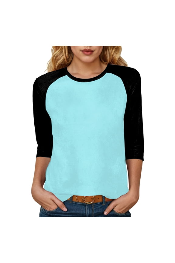 3/4 Sleeve Tops for Women Workout Shirts Baseball Style Raglan Tshirts Casual Color Block Tees Comfy Steetwear (Light Blue, 3XL)