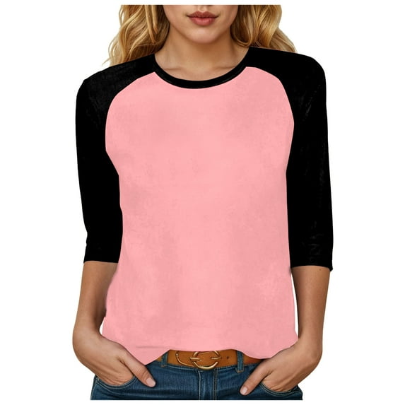 GEWSEY 3/4 Sleeve Tops for Women Workout Shirts Baseball Style Raglan Tshirts Casual Color Block Tees Comfy Steetwear (Light Pink, 3XL)