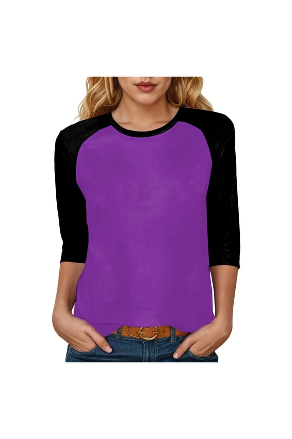 3/4 Sleeve Tops for Women Workout Shirts Baseball Style Raglan Tshirts Casual Color Block Tees Comfy Steetwear (Purple, XL)