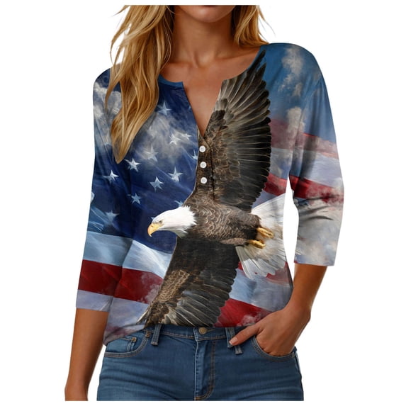 GEWSEY 4Th of July Shirts Women 3/4 Sleeve Crewneck Cute Shirts Casual Print T Shirt (Dark Blue, M)