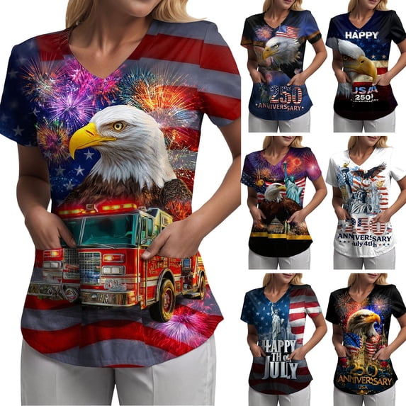 GEWSEY 4th Of July Scrub Tops Women Short Sleeve V Neck Fourth With Pockets Patriotic For Nurses Holiday Scrubs (Black, M)