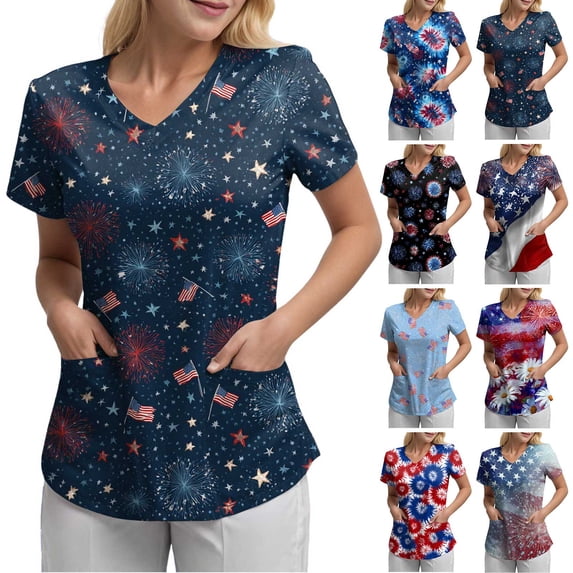 GEWSEY 4th of July Nurse Shirt Plus Size The Stars and Patriotic Workwear Healthcare Nursing Uniforms (Blue, 3XL)