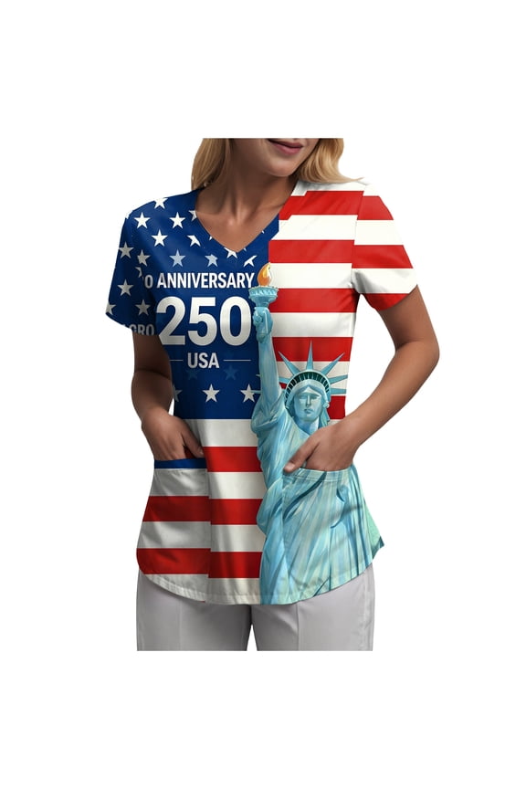 4th of July Nurse Shirt Plus Size The Stars and Patriotic Workwear Healthcare Nursing Uniforms (Blue, XL)