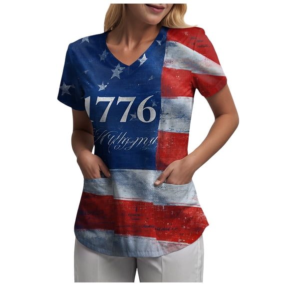GEWSEY 4th of July Nurse Shirt Plus Size The Stars and Patriotic Workwear Healthcare Nursing Uniforms (Dark Blue, S)