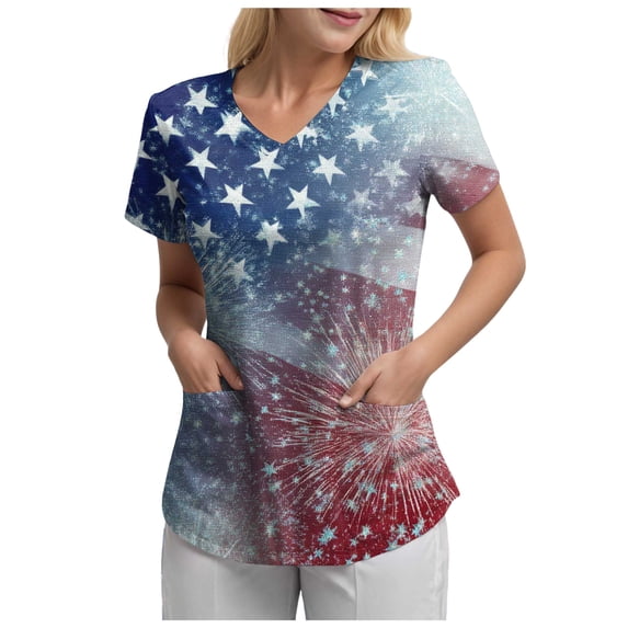 GEWSEY 4th of July Nurse Shirt Plus Size The Stars and Patriotic Workwear Healthcare Nursing Uniforms (Light Blue, S)