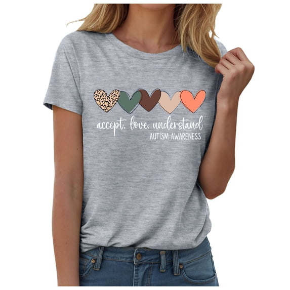 GEWSEY Autism Awareness Shirt for Women I Wear Blue Tshirt Autistic Mom T-Shirt Puzzle Piece Short Sleeve Tops Grey, S