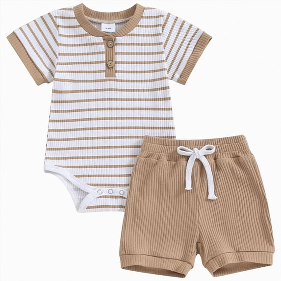 GEWSEY Baby Boy Girl Clothes Ribbed Knit Short Sleeve Romper Shorts Set Summer Outfits 0-3 Months Brown