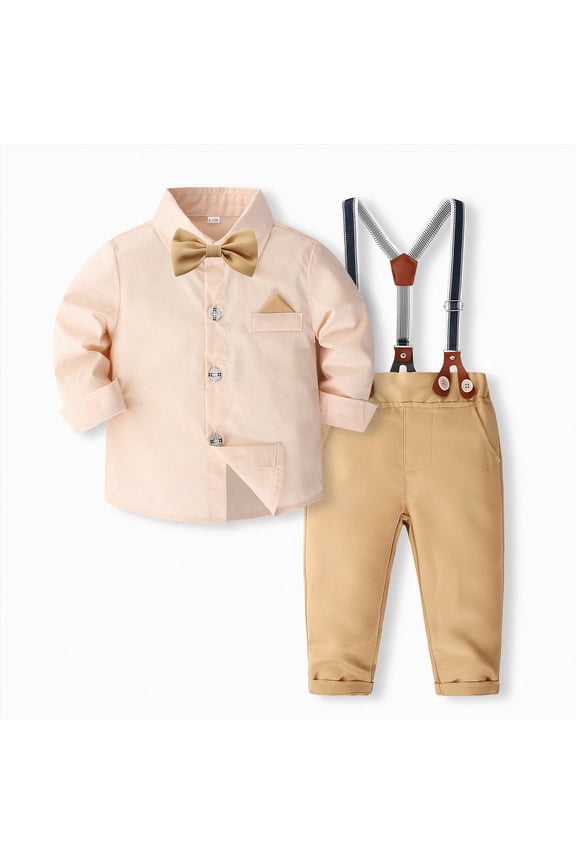 Baby Boys Pants Sets, Long Sleeve Shirt + Pants + Bow Tie + Suspenders Outfits 4-5 Years Yellow