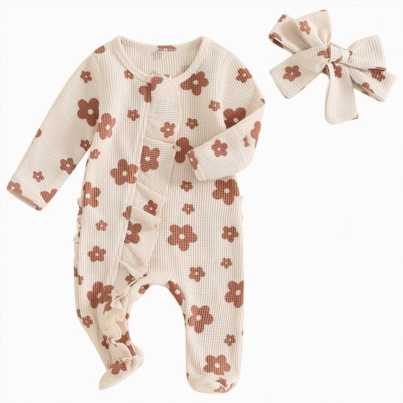 GEWSEY Baby Girl Fall Winter Outfits Clothes Knit Jumpsuit Ruffle Romper Coming Home Outfit for Baby Girl 0-3 Months Beige