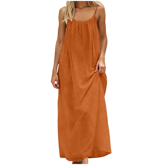 GEWSEY Backless Cami Dresses for Women,Sleeveless Solid Color Lounge Dress Spaghetti Strap Flowy Summer Loose Maxi Sundress (Orange, XXL)