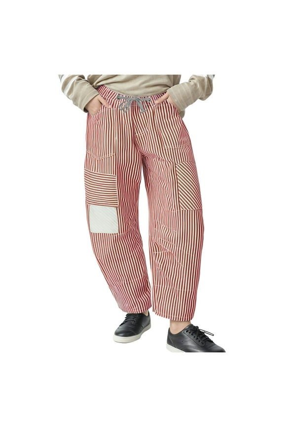 Baggy Barrel Jeans for Women Y2k Striped Drawstring High Waist Straight Wide Leg Boyfriend Jeans Mom Denim Pants (Red, M)